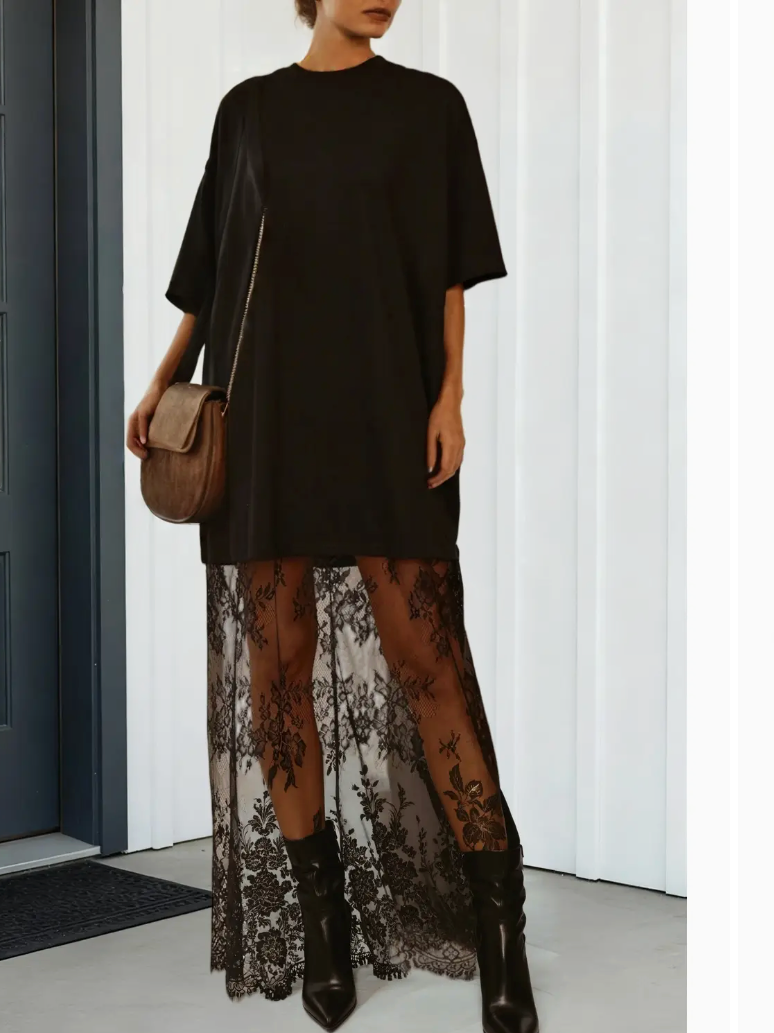Las Floral Lace Patchwork T Shirt Maxi Dress