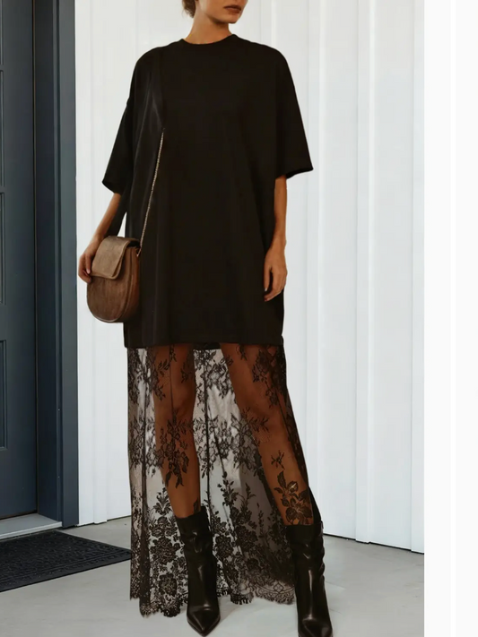 Las Floral Lace Patchwork T Shirt Maxi Dress
