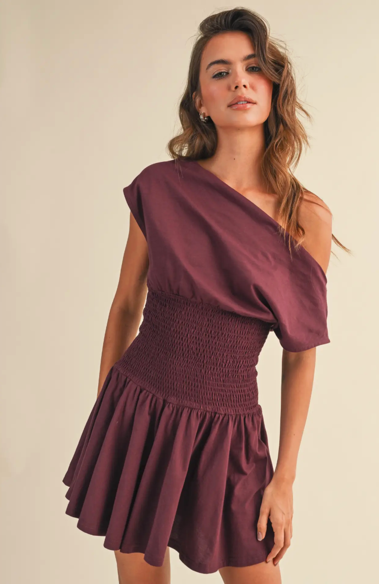 Wine Off the Shoulder Dress