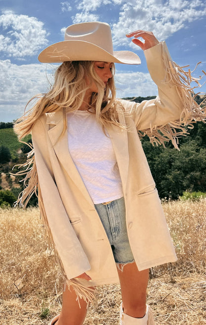 Sierra Fringe Jacket Cream Faux Suede