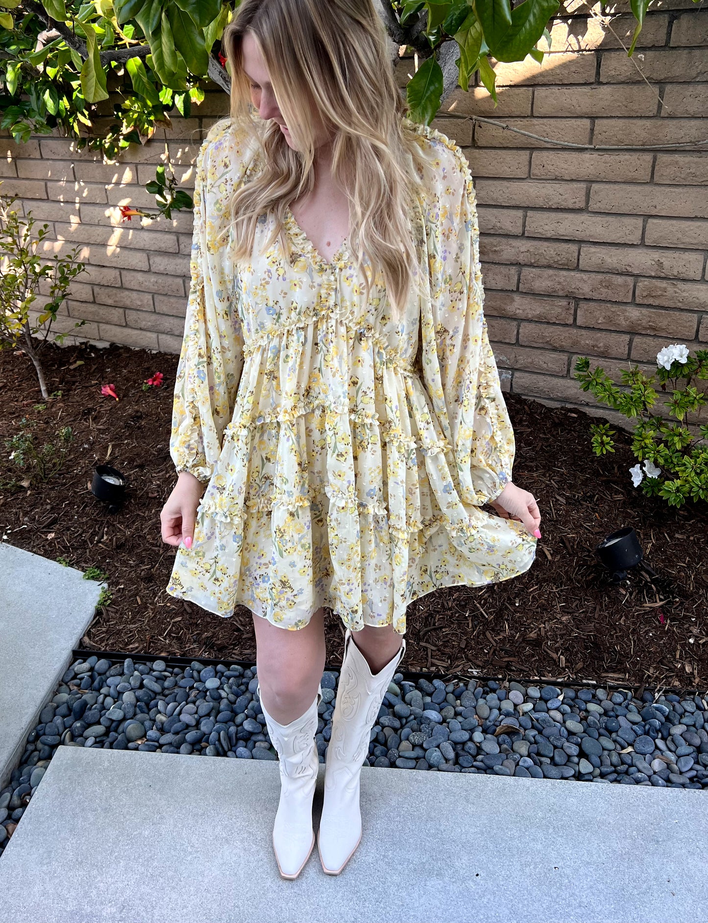Carmina Tiered Yellow Floral Dress