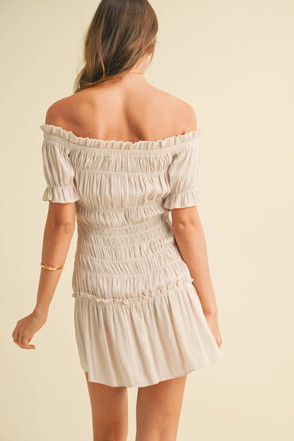 Puff Sleeve Off Shoulder Smocking Dress - Navy