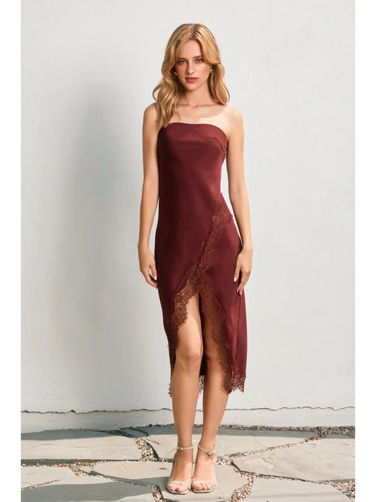 Satin Strapless Lace Hem Midi Dress