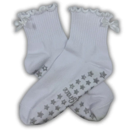 White Ruffle Bow With Silver Star Grips Pilate Socks