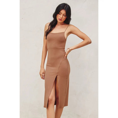 Minimalist Ribbed Midi Slit Dress