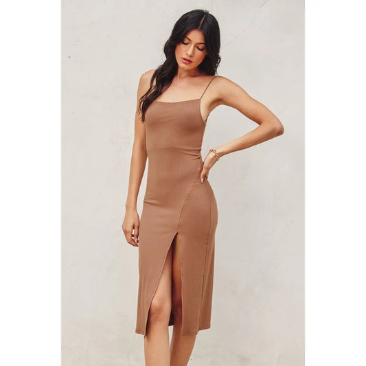 Minimalist Ribbed Midi Slit Dress