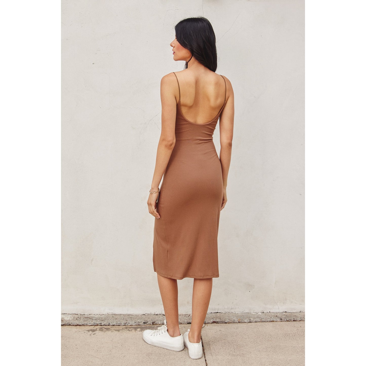 Minimalist Ribbed Midi Slit Dress
