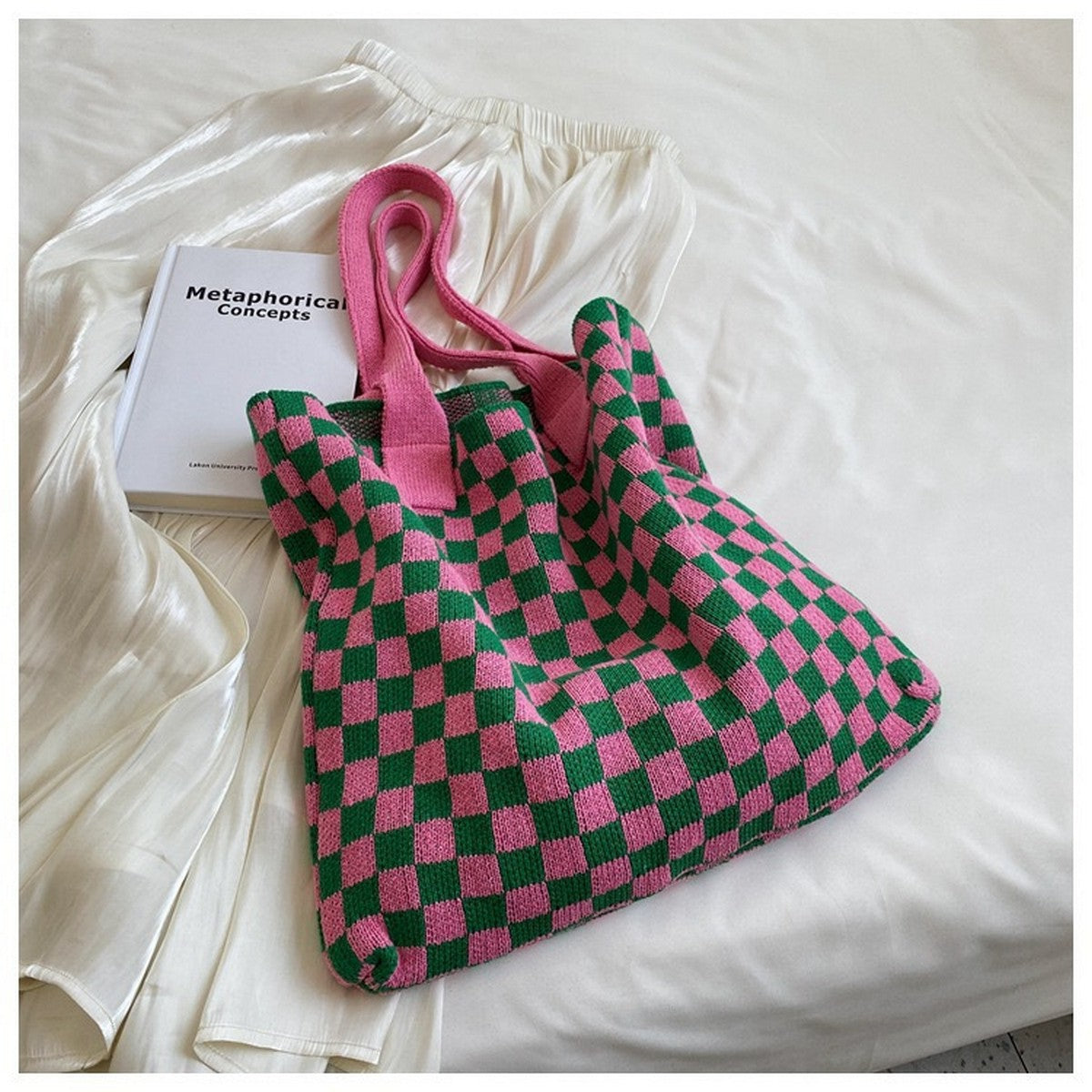 Plaid Knitted Tote Bag