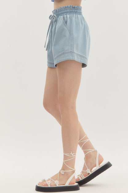 Light Denim Tie Waist Flowy Shorts