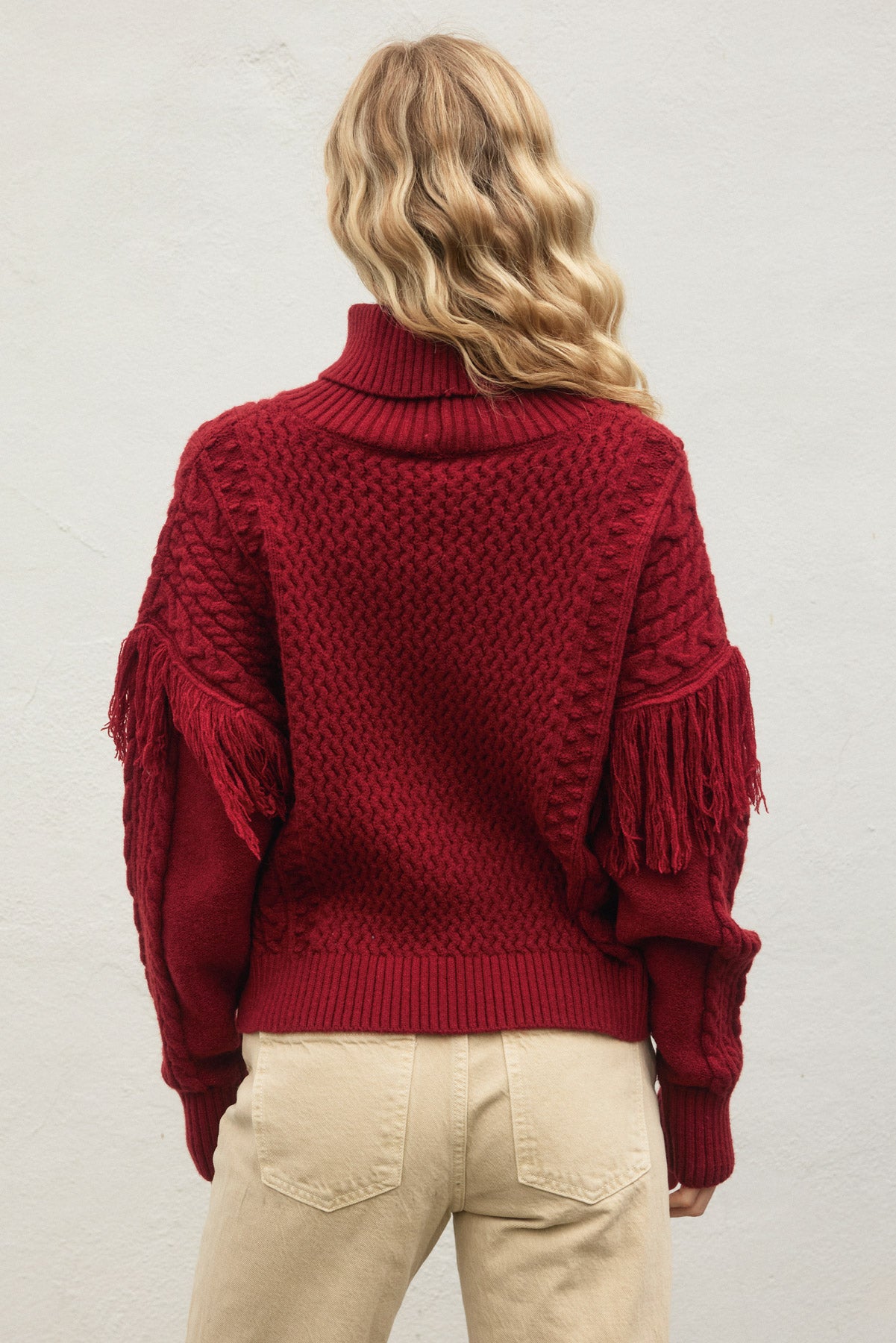 Turtleneck Fringe Accent Cable Knit Sweater