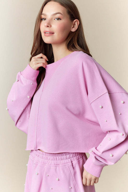 Pearl Embellished Cropped Top, Lipstick Pink