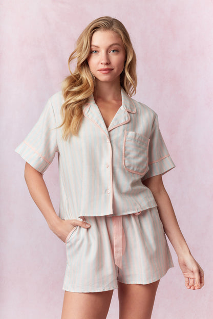 Stripe Top & Shorts Pajama Set, Pink/Blue