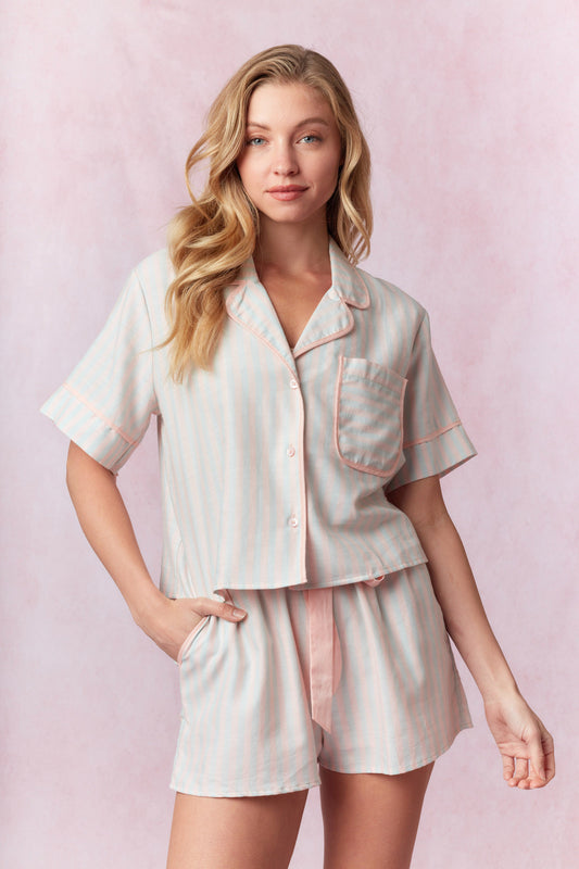 Stripe Top & Shorts Pajama Set, Pink/Blue
