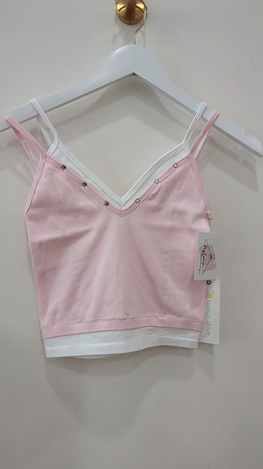 Powder pink with white layered v-neck