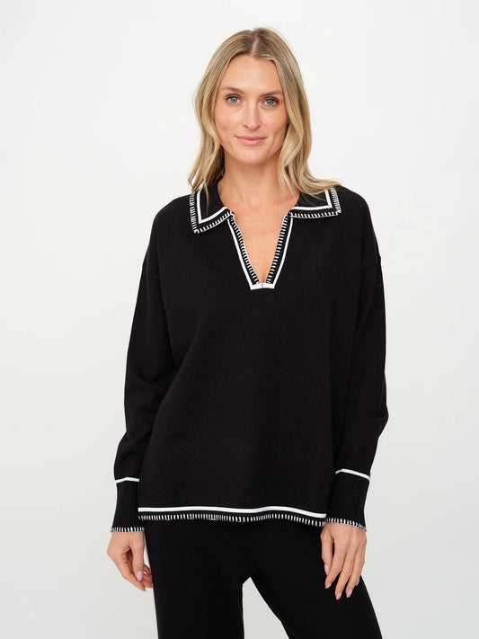 Kellie Stitched V-Neck Top - black
