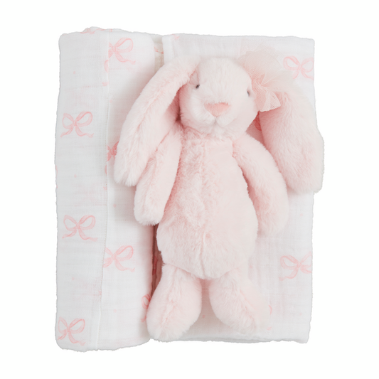 Pink Bow Bunny Swaddle & Rattle